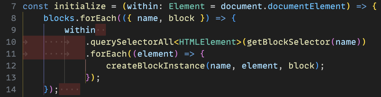 Screenshot of code block with highlighted trailing whitespace and mixed indentation