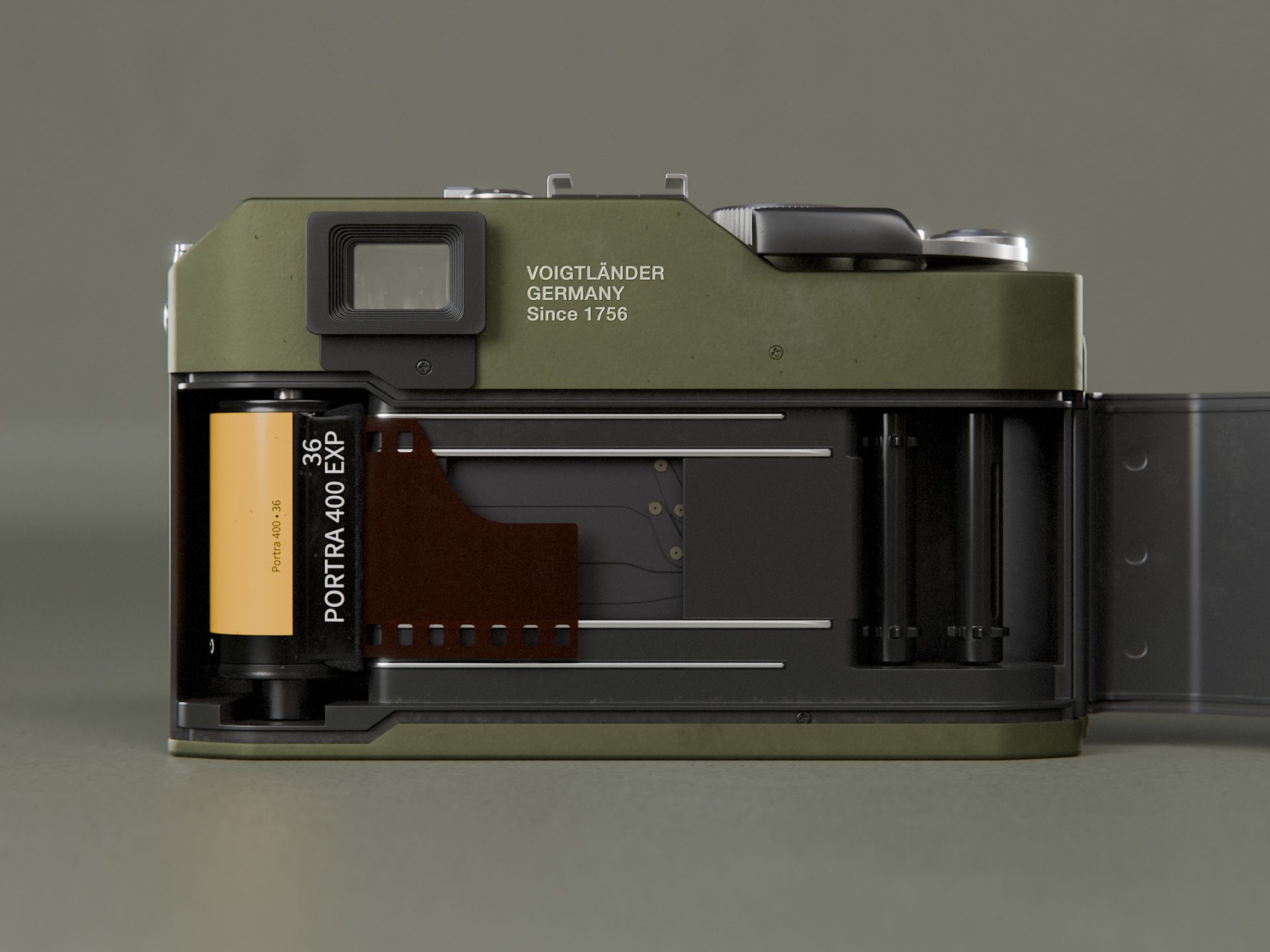 Render of the back of the camera, with film door open.